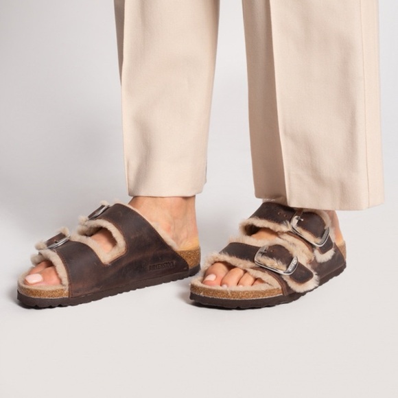 New Birkenstock Arizona Big Buckle Shearling Sandals Leather Brown US 8 / EUR 39 - Picture 13 of 14